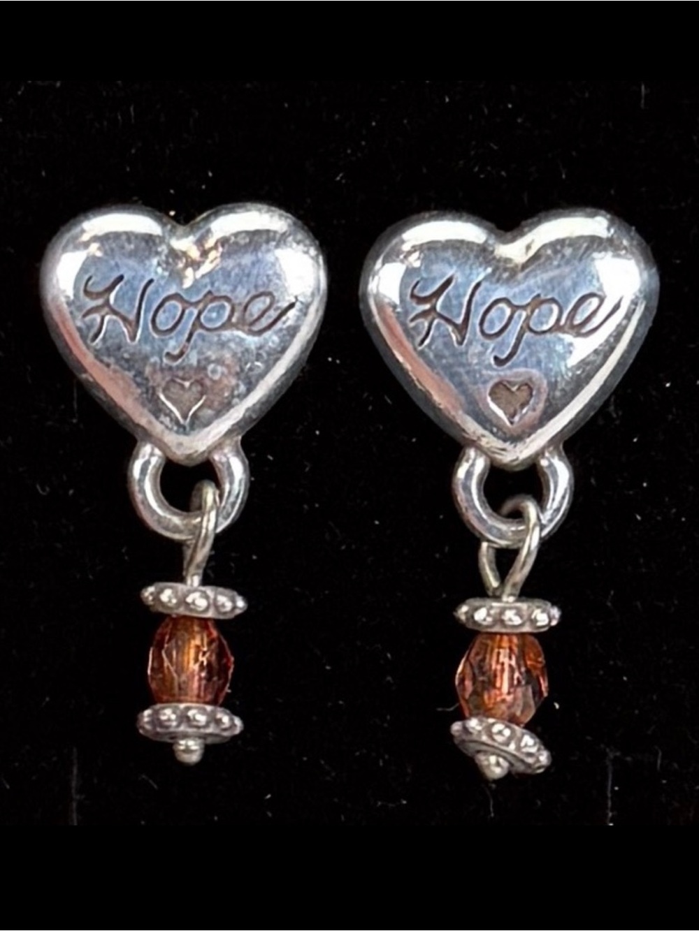Pretty vintage, silvertone puffed heart Hope pierced earrings